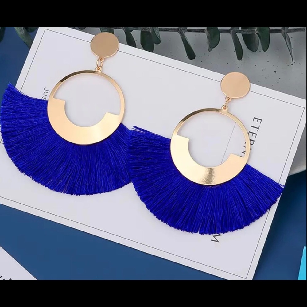 ⭐️🔥Blue and Gold Big Tassel Earrings Statement
